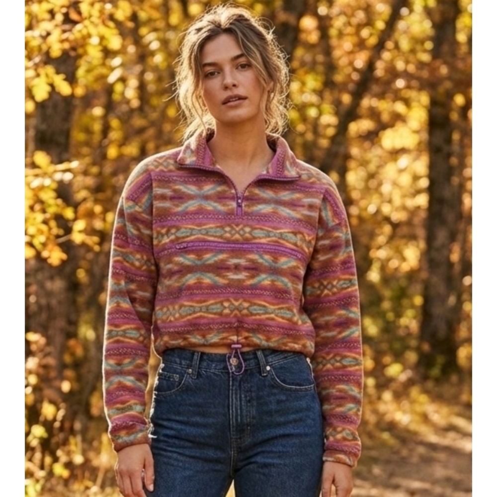 Forever 21 1/4 Zip Crop Fleece Jacket Multicolor Size L